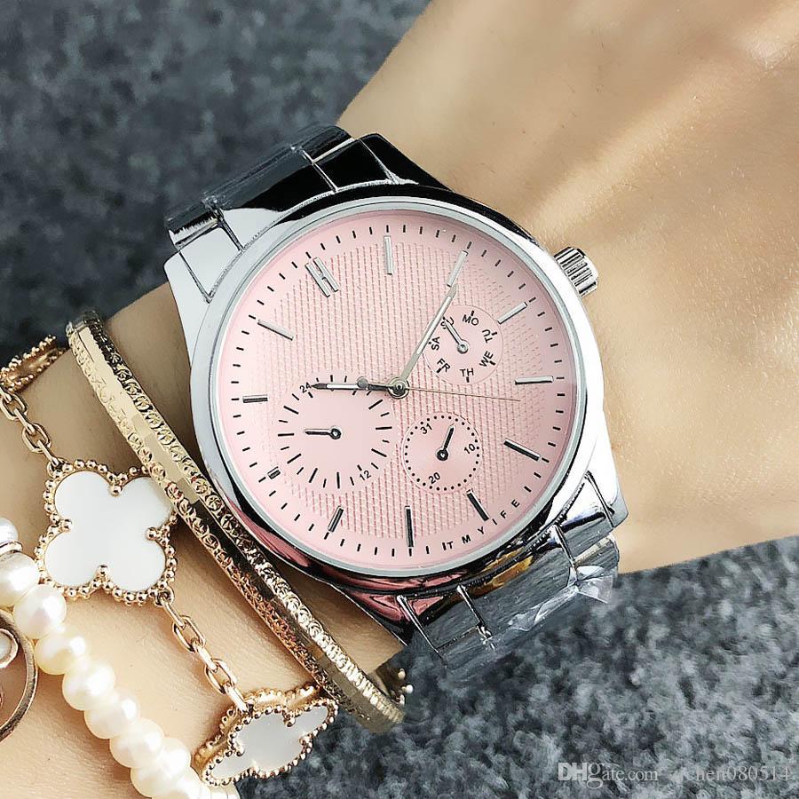 

Fashion Brand wrist watch for women's Girl 3 Dials style Steel metal band quartz watches TOM 14, Gold