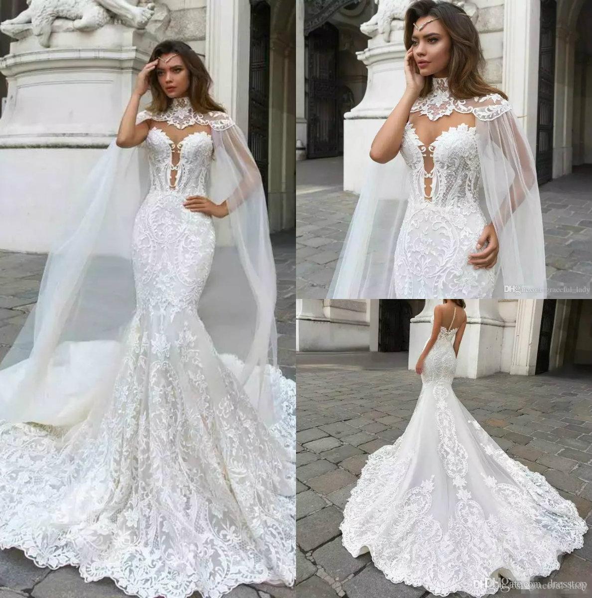 

2018 Beach Mermaid Wedding Dresses Sheer Neck Lace Bridal Gowns With Cape vestido de novia Boho Plus Size Wedding Dress, Gold
