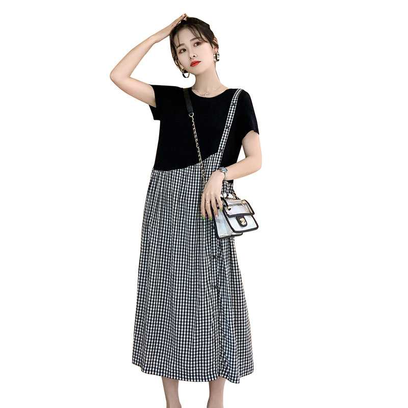 

Maternity Dress For Pregnant Women Clothes Casual Short Sleeve Summer Pregnancy Dress Plaid Patchwork Maternity Clothing, Black