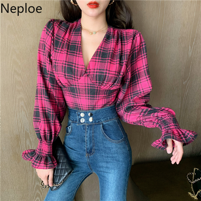 

Neploe New Autumn V-neck Plaid Printed Blouse Shirt Fashion Long Flare Sleeve Shirt Female Short Crop Tops Blusas Femme 56421, Green plaid