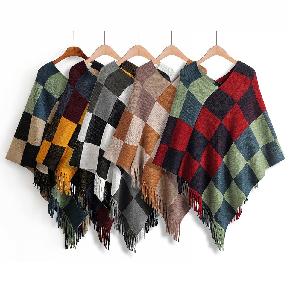 

Fashion Women Color Block V Neck Plaid Knit Sweater Wrap Shawl with Tassels Cover Up Swing Woman Autumn Winter Jumpers #3, Black
