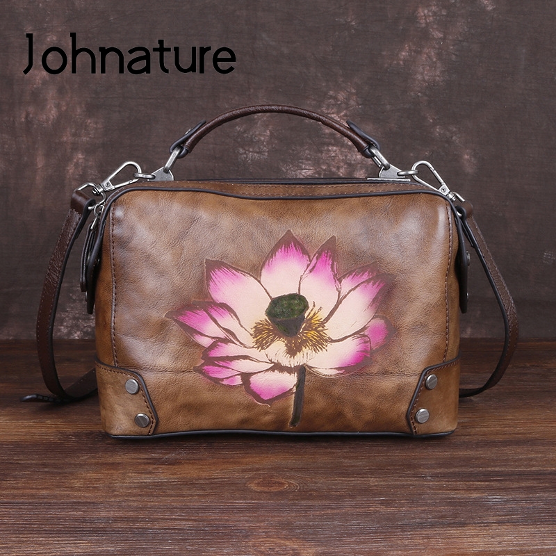 Multi Color Flowers Genuine Leather Shoulder Bag Hand Painted Shopper Tote Women