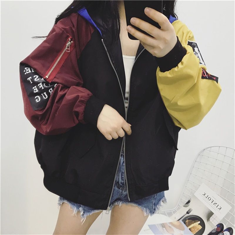 Jacket Women's Spring Jacket 2020 Women Contrast Short Long Sleeve Zipper Letter Female Korean Loose feminine Coat