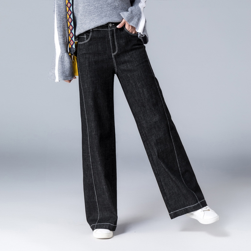 

Female Vintage Classic Jeans Simple Style Black Wide Leg Denim Jeans Women Autumn High Waist Side Seam Casual Denim Pocket