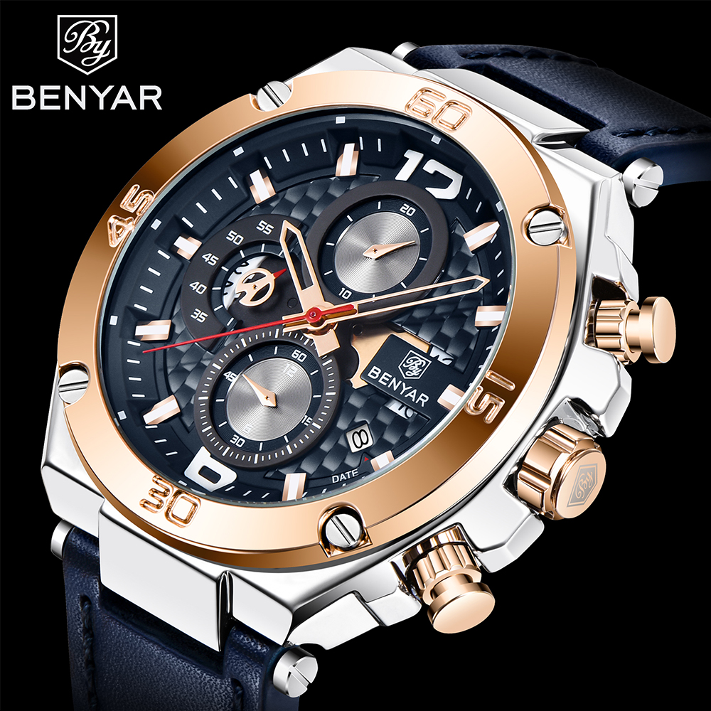 

BENYAR Top Luxury Brand Watch Men Analog Chronograph Quartz Wrist Watch leather Band Wristwatch Auto Date, Slivery;brown