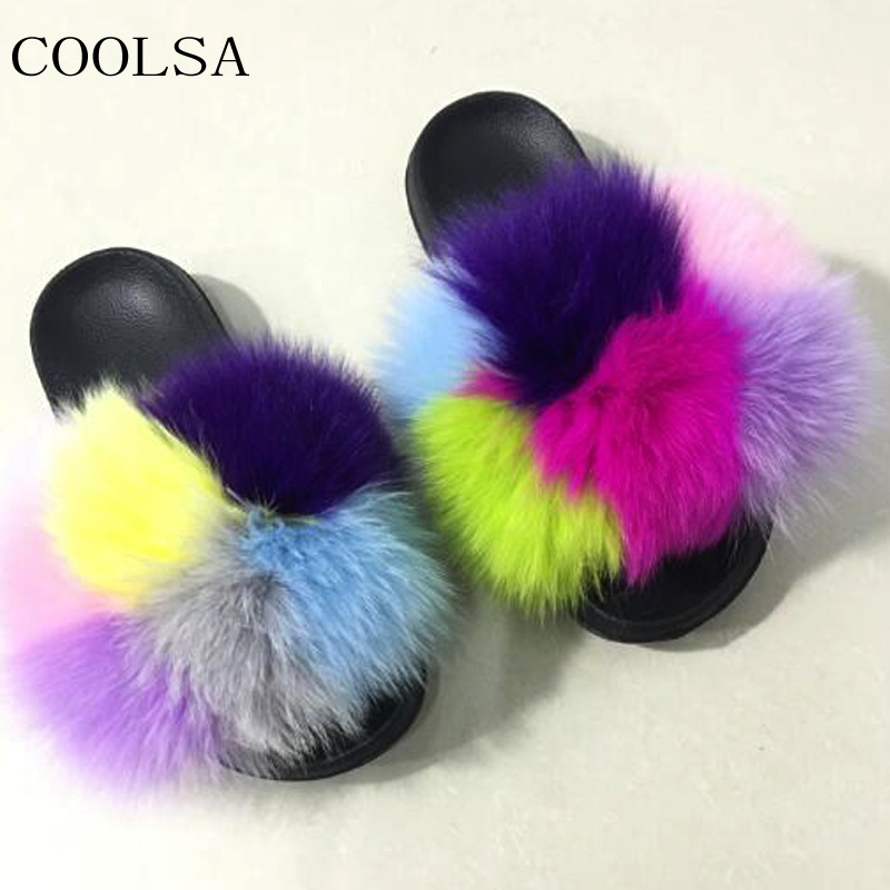Black white red Multicolored Real Fox Fur Slides Slippers Flat Sandals Shoes