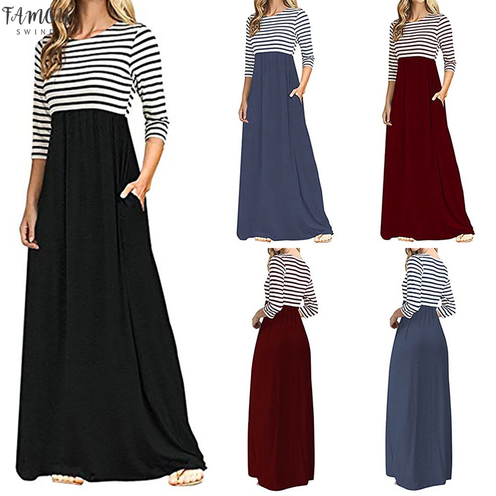 

Women Dresses fashion Stripe Long Sleeve High Waist Solid color Bohemia Maxi With Pockets Dress female, Bk