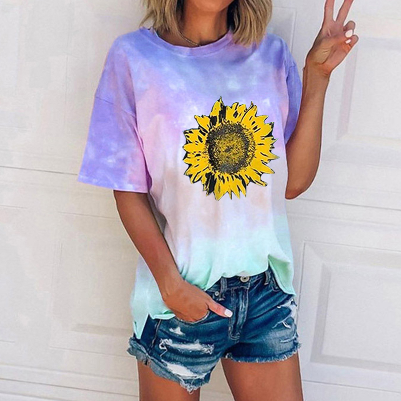 

Summer Sexy Women Sunflower Tie Dye Print Short Sleeve T Shirt Casual Ladies O-neck Gradient Color Tee Shirt Femme Streetwear, Blue sunflower