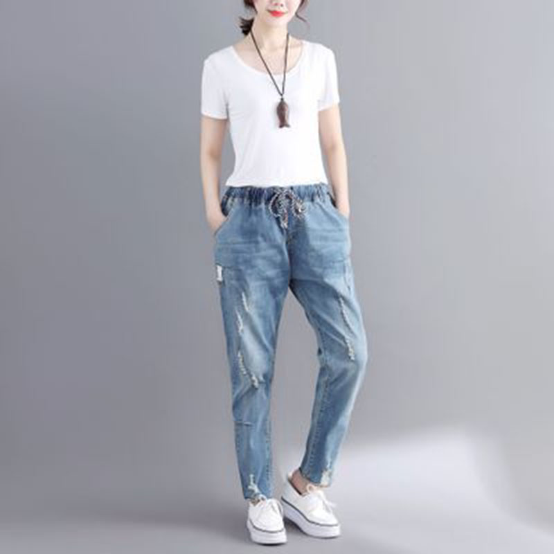 

Jeans for Women Middle waist push up jeans High Elastic plus size Stretch ladies mom female washed denim pencil pants 7XL, Sky blue