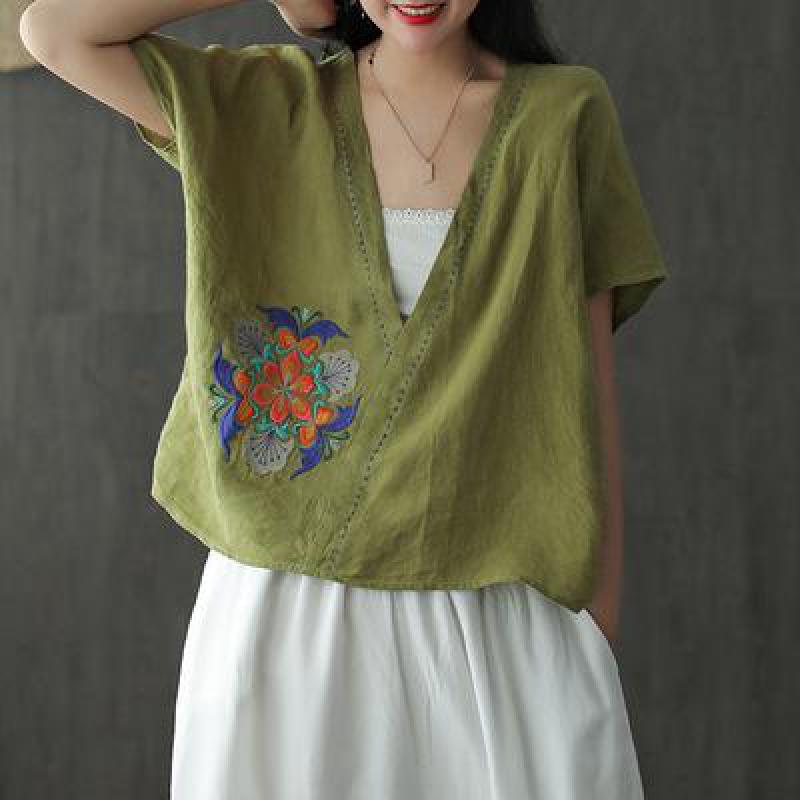 

Johnature Summer Cotton Linen Retro Embroidery V-neck Short Sleeve Pullovers Shirts 2020 New Loose Leisure All-match Women Tops, Green