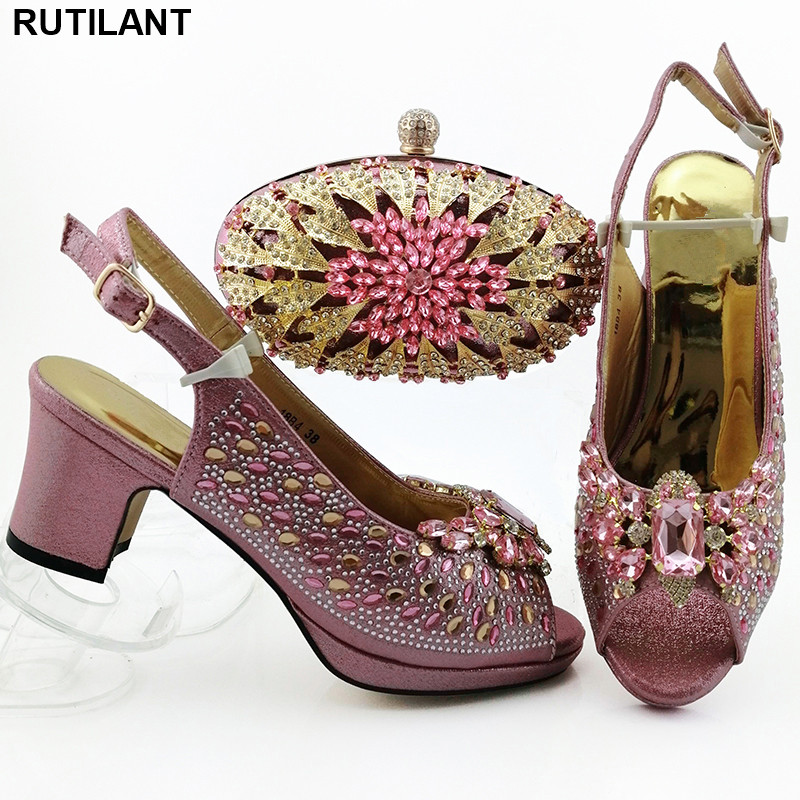 

New Fashion African Party Shoe and Bag Set High Quality African Wedding Shoes Shoe and Bag Set Decorated with Rhinestone, Gold