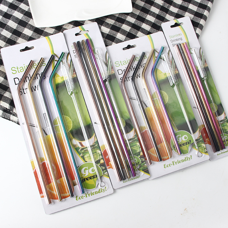 

100set/lot Color Stainless Steel Straw Set Mirror Polished Sucker Beverages Curved Straw Drinks 4 and 1 brush