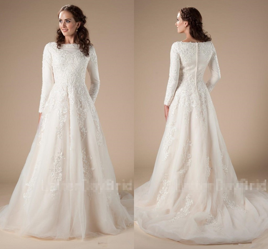 

Modest garden Wedding Dresses With Long Sleeves A-line Beaded Lace Applique Temple LDS bridal Gown Couture, Gold