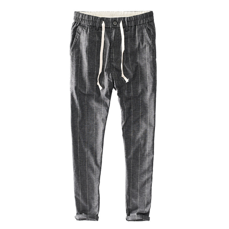 

Soft Breathable Cotton Linen Pants Men High Quality Japan Minimalism Simple Style Stripe Casual Stretch Waist Straight Trousers, Black