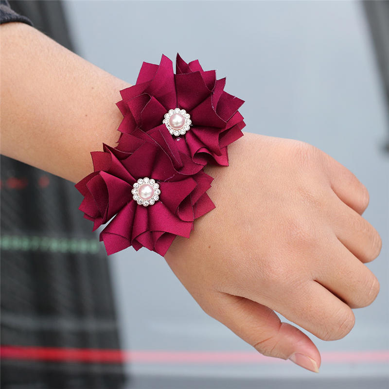 

4piece/lot Wine Red Silk Rose Flower Bride Wrist Corsage Bracelet Flower Hand Women Hand Wedding Flowers Party Decoration SW203, Choose color