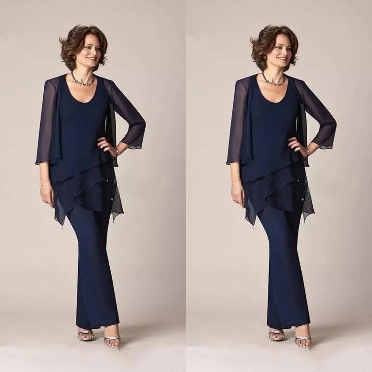 

2020 Mother of the Bride Pant Suits Scoop Neck Chiffon Formal Wedding Guest Suit with Jacket 3/4 Long Sleeve Bride Dress