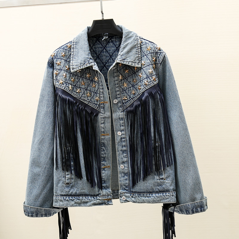 

EWQ] 2020 Spring Autumn New European heavy industry five-pointed star rivet tassel top personalized denim coat fashion 3AK065, Black