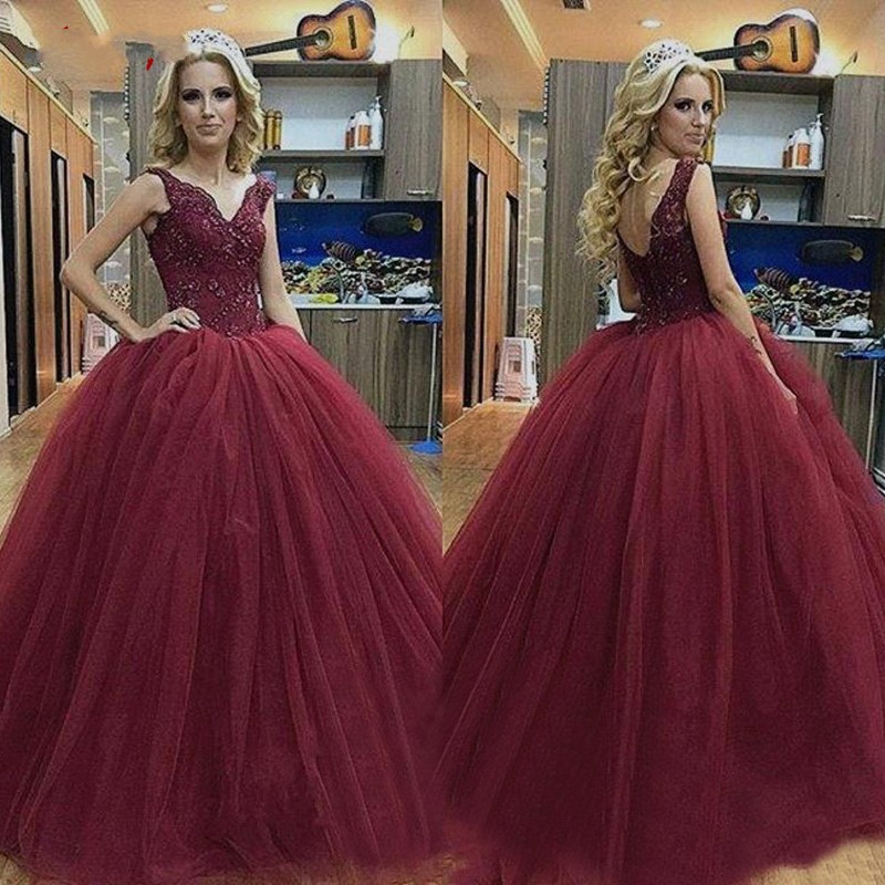 

Popular Wine Red V neck Quinceanera Prom dresses Sheer Straps Backless Applique Long Evening Formal pageant Sweet 16 Dress, Olive