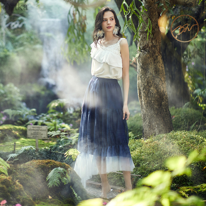 

ARTKA 2020 Spring Summer New Women Skirt Elegant Gradient Mesh Skirts Elastic Waist Irregularly Ruffled Long Skirt QA25101C, Blue