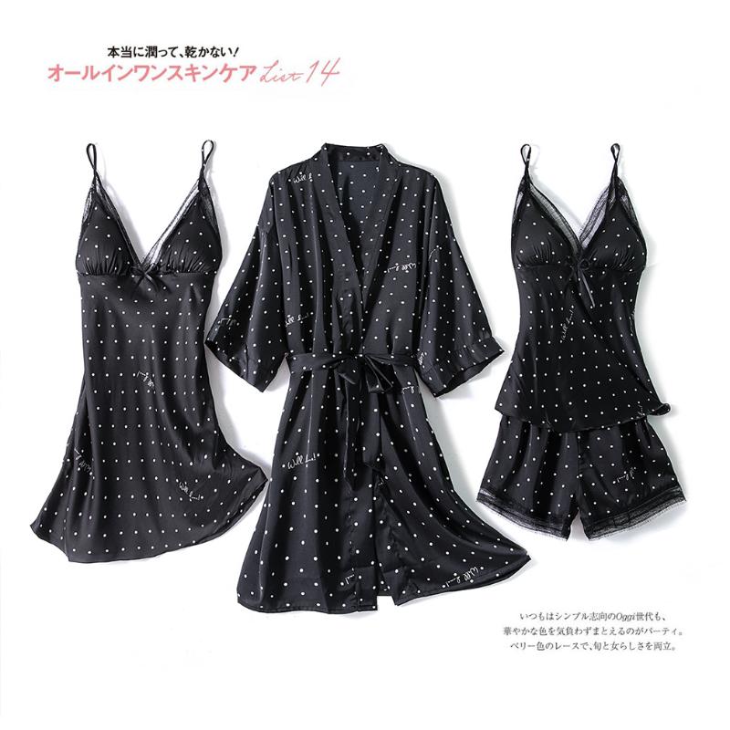 

Black Print Sleepwear Women 4PCS Nightgown Pajamas Set Satin Sexy Nightwear Intimate Lingerie Pyjamas Silky Kimono Bathrobe Gown