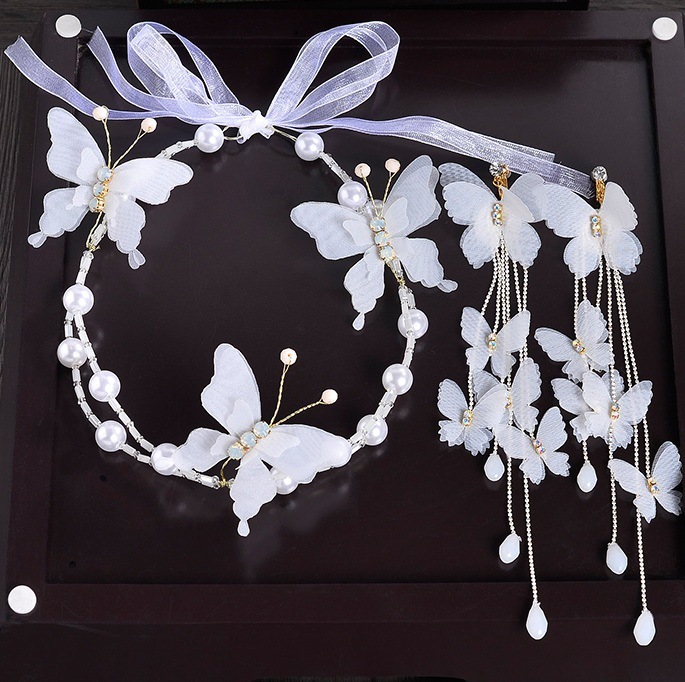 

Korean Bride Flower Headwear Butterfly Hair Band Earrings Exceed Immortal Earrings Hair Decorate Suit Marry Wedding Dress Full Dress
