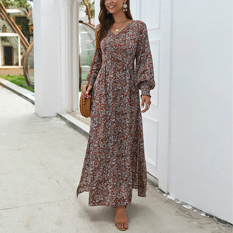 

Februaryfrost 2020 Women Vintage Floral Long Maxi Dress Elegant Retro Boho A-Line Split Lantern Long Sleeve Dress Beach Party Dress, Red