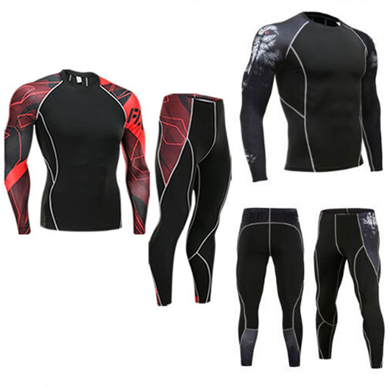 

Men Compression Suit Fitness Tracksuit Clothing Brand 3d Printed Crossfit T-Shirt Leggings 2pc Set Thermal Underwear, Gray