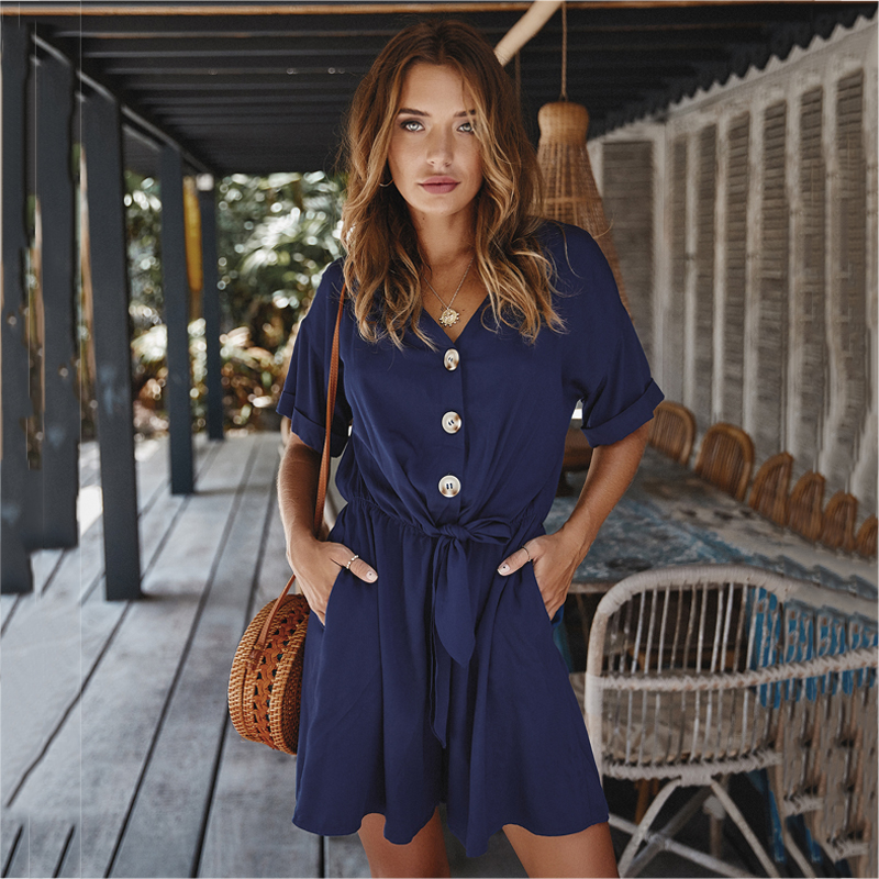 

Women' Fashion Solid Color Sexy Slim V-Neck Button Lace Up Jumpsuit