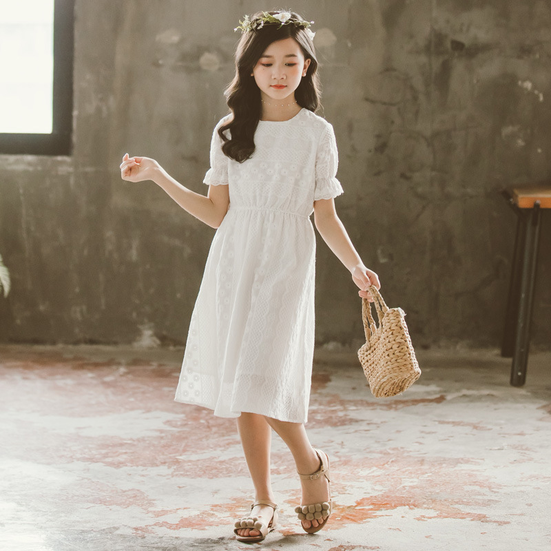 

2020 New Girls Summer Dress Teenager Girls Pure Cotton Embroidery Dresses Children Long Style Elegant Dress Soft Clothes, #8831, White