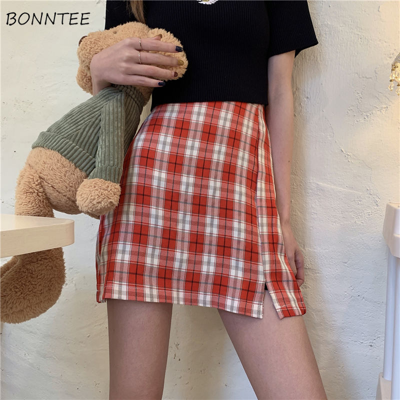 

Skirts Women Multi Color A-line Retro Plaid Mini Sweet Girls Skirt Temperament Summer Split Sexy Womens Trendy Harajuku Slim New, Blue