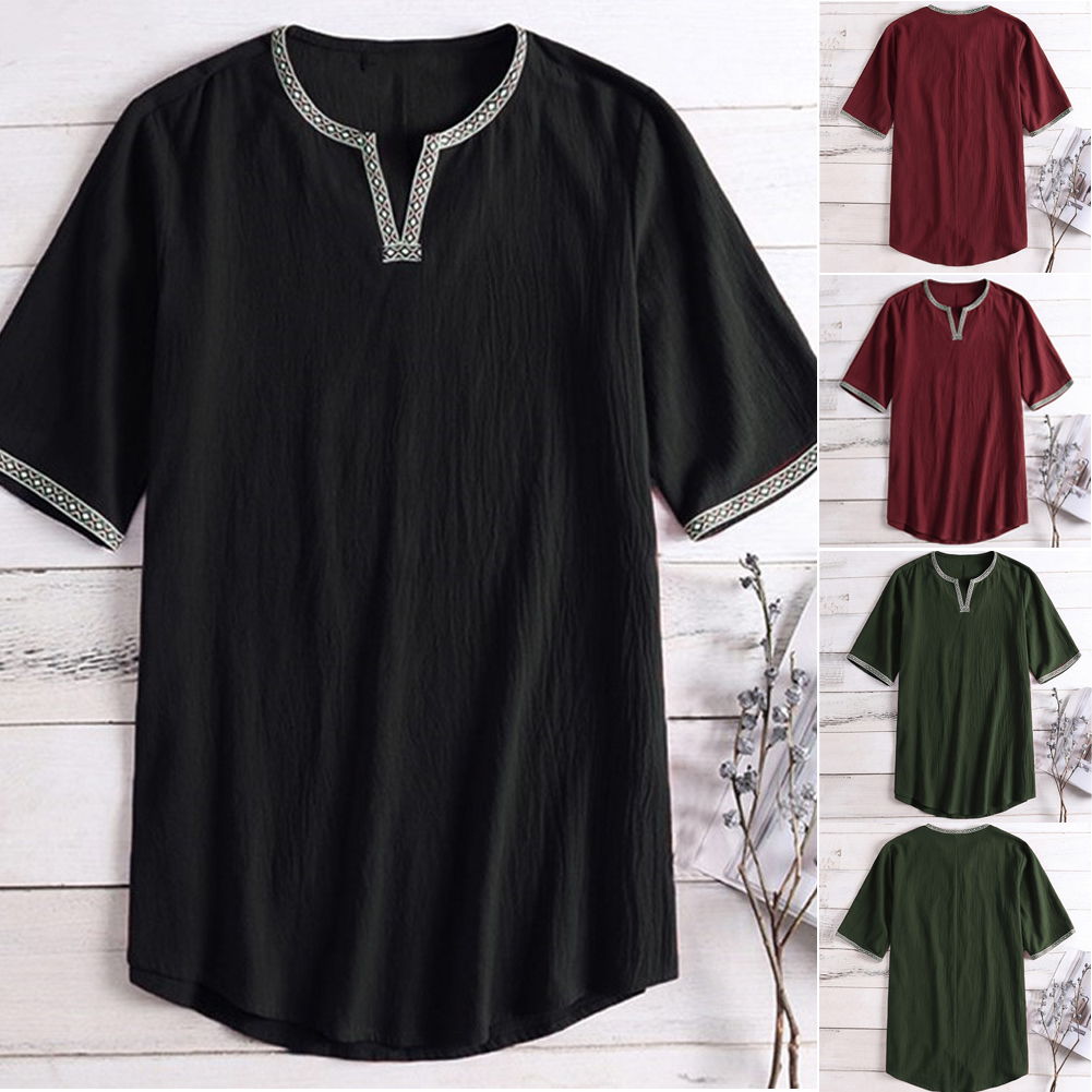 

Summer Men' Linen V Neck Short Sleeve Basic Tee T-shirt Casual Tops Blouse, Red