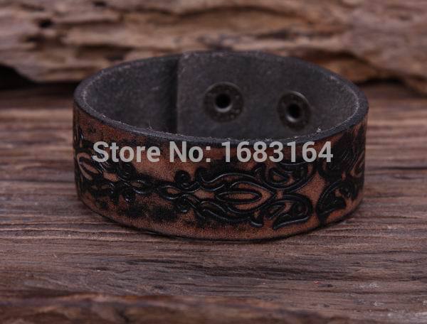

G89 Light Brown Vintage Floral Embossed Leather Wristband Bracelet Wide Cuff Mens
