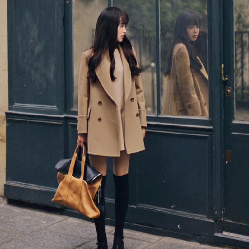 

Office Lady Short Wool Coat Turn-down Collar Loose Wool Blend Coat and Jacket Double Breasted Women Coats Autumn Winter, Camel