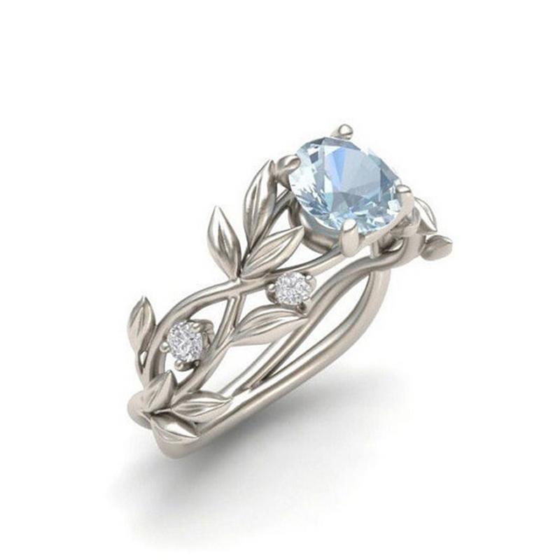 

New European and American Style Olive Leaf Branch Pattern Engagement Wedding Ring Rhinestone Inlaid Blue Zircon Ring for Female