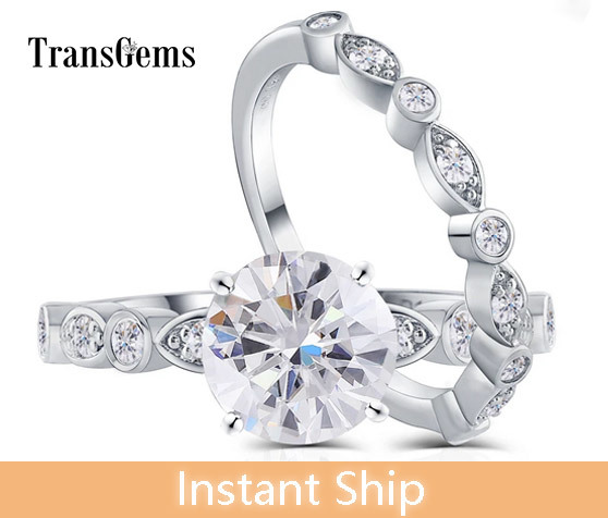 

TransGems Sterling Solid S925 Center 1.5ct 7.5mm GH Color Engagement Ring With Accents Bridal Sets For Women Ring Set S200110