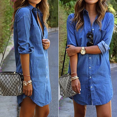 

Women' Spring Long Sleeve Casual Denim Blouse Tops Shirt with Pockets, Blue