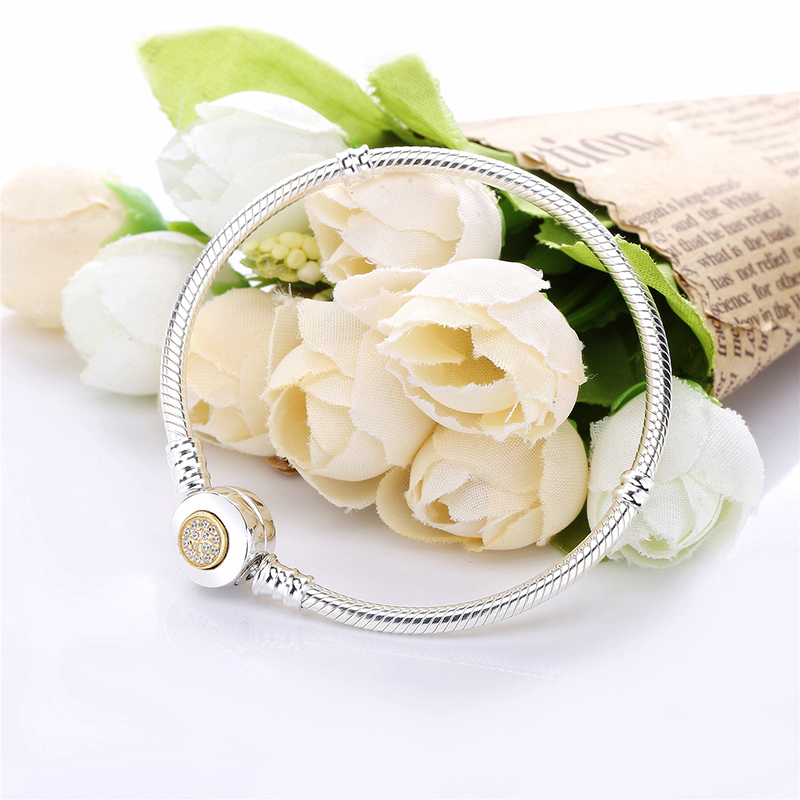 

Other Bracelets Real 925 Sterling Silver Momemts Two-tone Signature Snake Chain Pan Bracelet Bangle Fit European Charm Women Jewelry