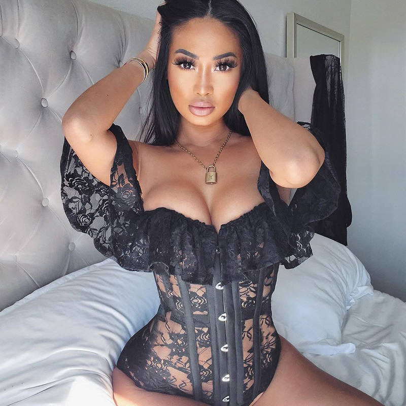 

Black Lace Sexy Corset Top Blouse 2020 Women Off Shoulder Backless Bustier See Through Strapless Shirt Elegant Slash Neck Tops, Black top