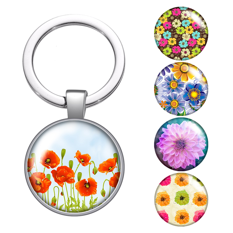 

Painting Flowers Beauty Glass Cabochon Keychain Bag Car Key Chain Ring Holder Charms Silver Keychains For Men Women Gift