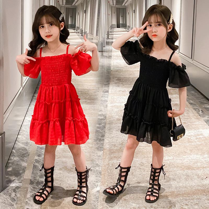 

Fashion Girls Dress Summer Baby Girls Solid Birthday Party Dress Kids Off Shoulder Sling Ruched Princess Dresses For 2-13Y, Black