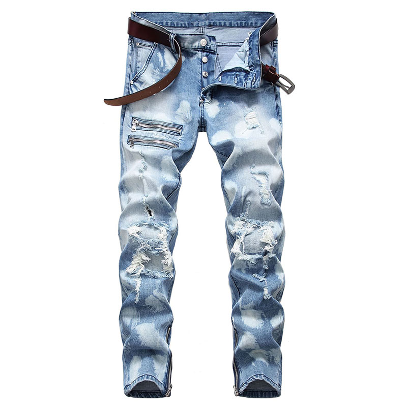 

New Men jeans Casual Biker Jeans Distressed Holes Denim Pants Skinny Slim Joint Sides Zipper Fashionable Straight, T-1161