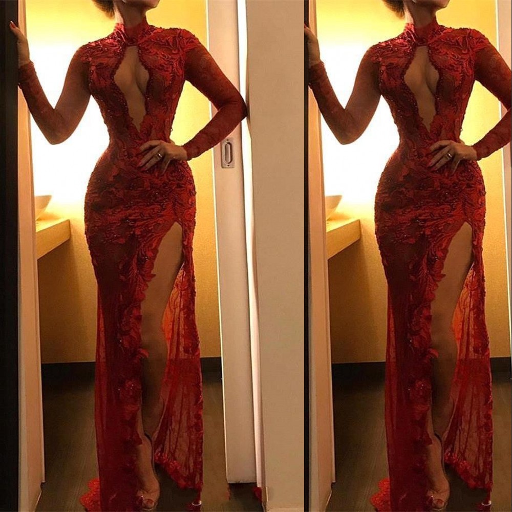 New Sexy Dark Red Prom Dresses High Neck Keyhole Lace Appliques Flowers Mermaid Long Sleeves Evening Dress Wear Split Formal Party Gowns