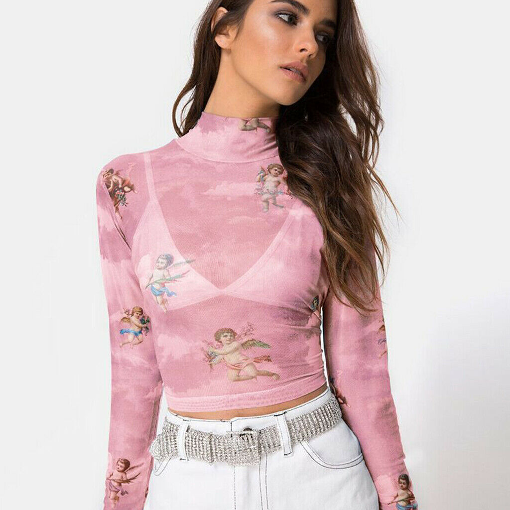 

Hot Summer Autumn Women Girls High Neck Angel Print Long Sleeve See Through Mesh Sheer Fishnet Crop Bodycon Top Short T Shirt, Blue