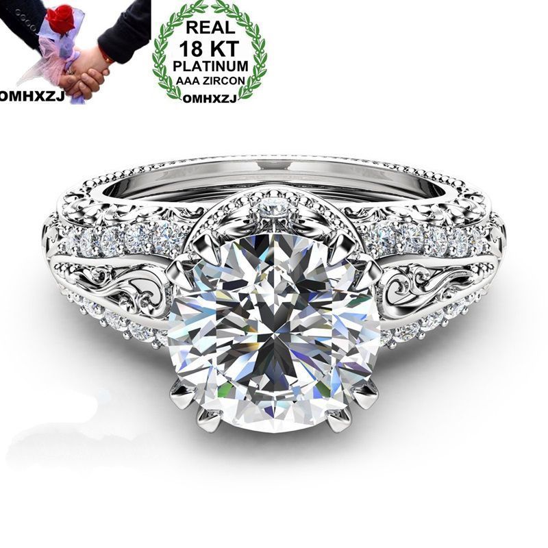 

OMHXZJ Wholesale European Fashion Woman Man Party Wedding Gift Round White Blue Zircon 18KT White Gold Rose Gold Ring RR459