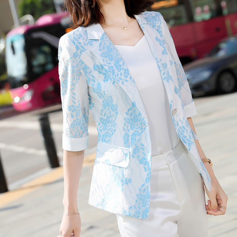 

Women Lace Blazer 2020 Summer Single Button Half Sleeve Gilr Blazers, Blue