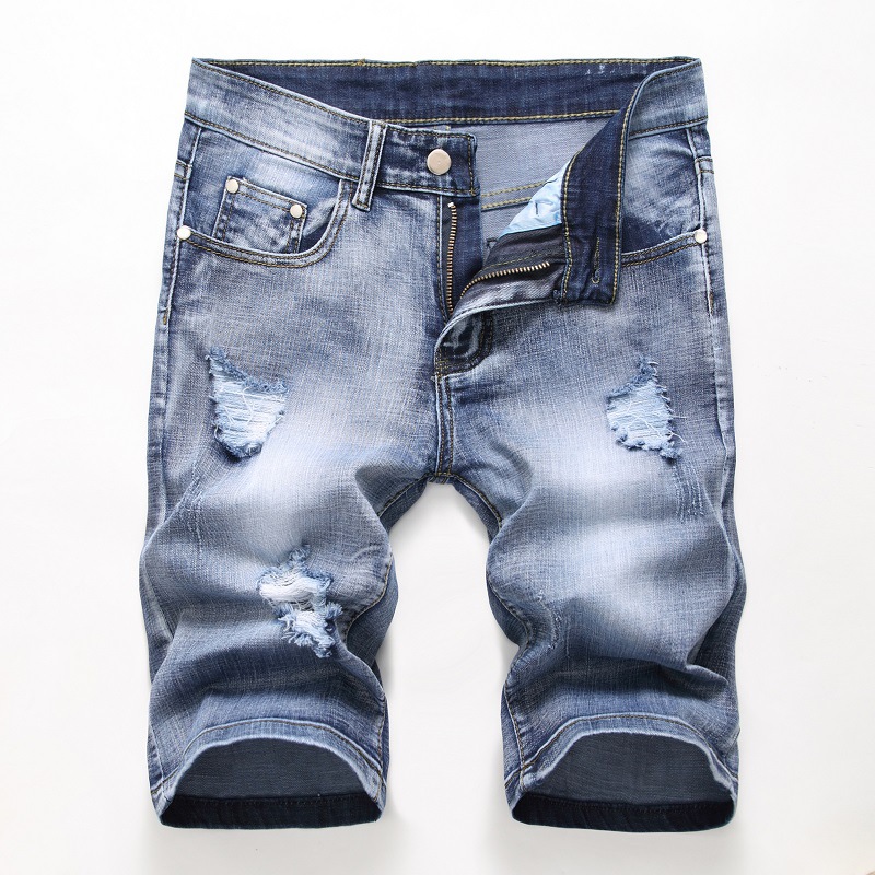 

Vintage Ripped Jeans Shorts Men Summer Mens Cotton Short Pants Casual Mid Waist Straight Jeans Shorts Washed Holes Denim, Black 304