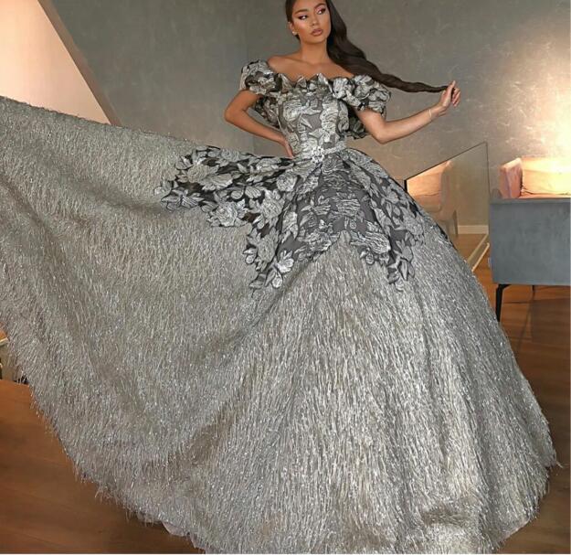 

Evening dress Youself aljasmi Larourjoisie Plus Size Dresses Off-Shoulder Ball Gown Ankle Length Sleeveless Tassel Peony flower decoration, Same with picture