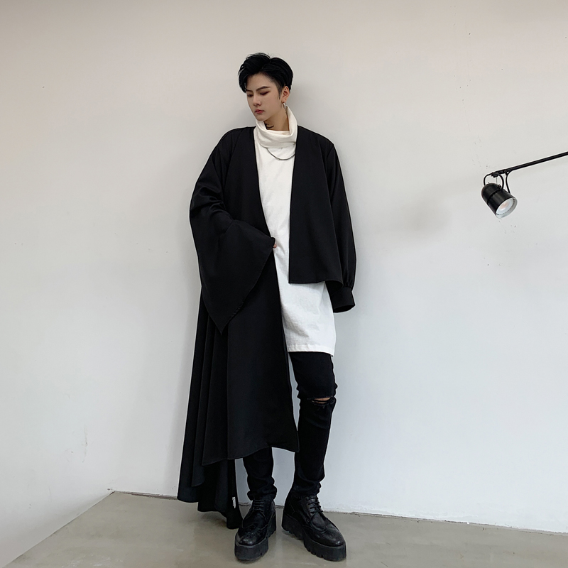 

Male Japan Streetwear Gothic Loose Casual Cloak Shirt Outerwear Stage Clothing Men Asymmetric Long Sleeve Cardigan Shirt Coat, W1738