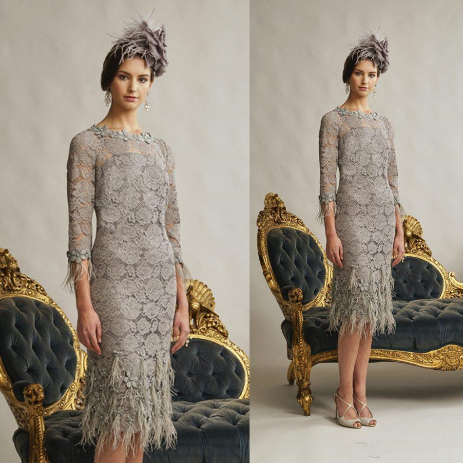 

New Style Lace Mother of the Bride Dresses with Beaded 3D-Applique Feathers Wedding Party Gowns 3/4 Long Sleeves Prom Dress