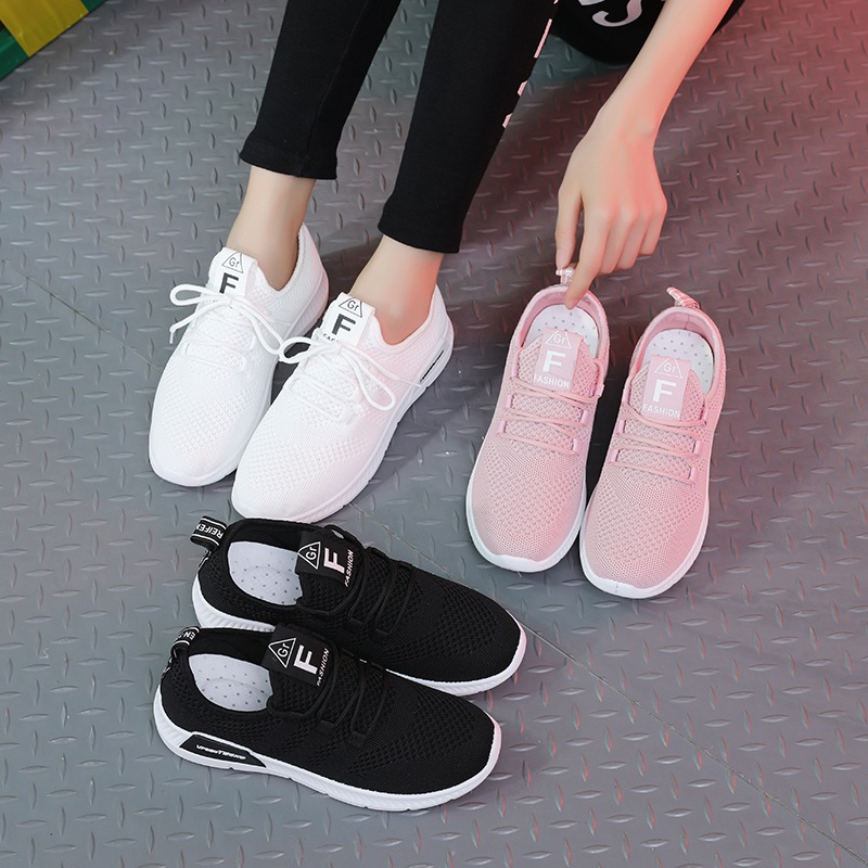 

Cross border large sneakers women's running shoes fly weaving small white shoes women's versatile flat bottom Lace Up Korean casual shoes, Black